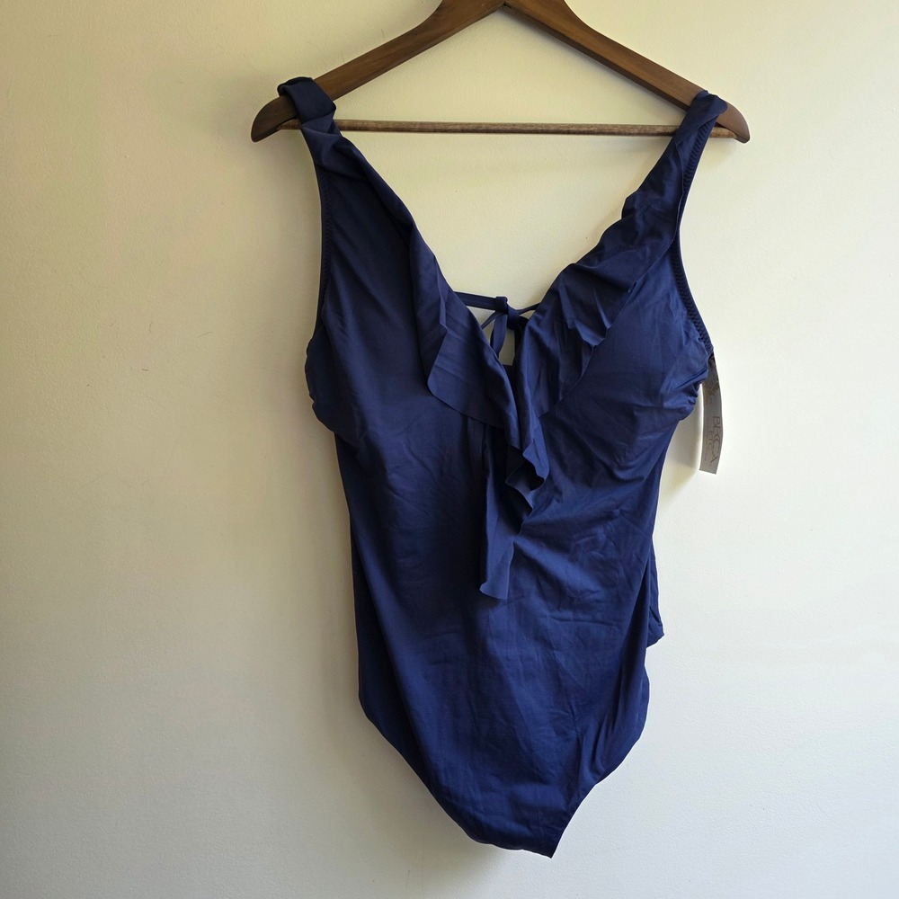 Becca ETC Navy Blue Ruffle V-Neck One Piece Swimsuit 0X 14-16‎ NWT $138